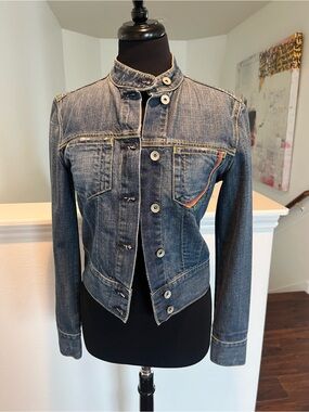 Paper Denim & Cloth Fitted Blue Denim Jacket with Rainbow Pocket Trim